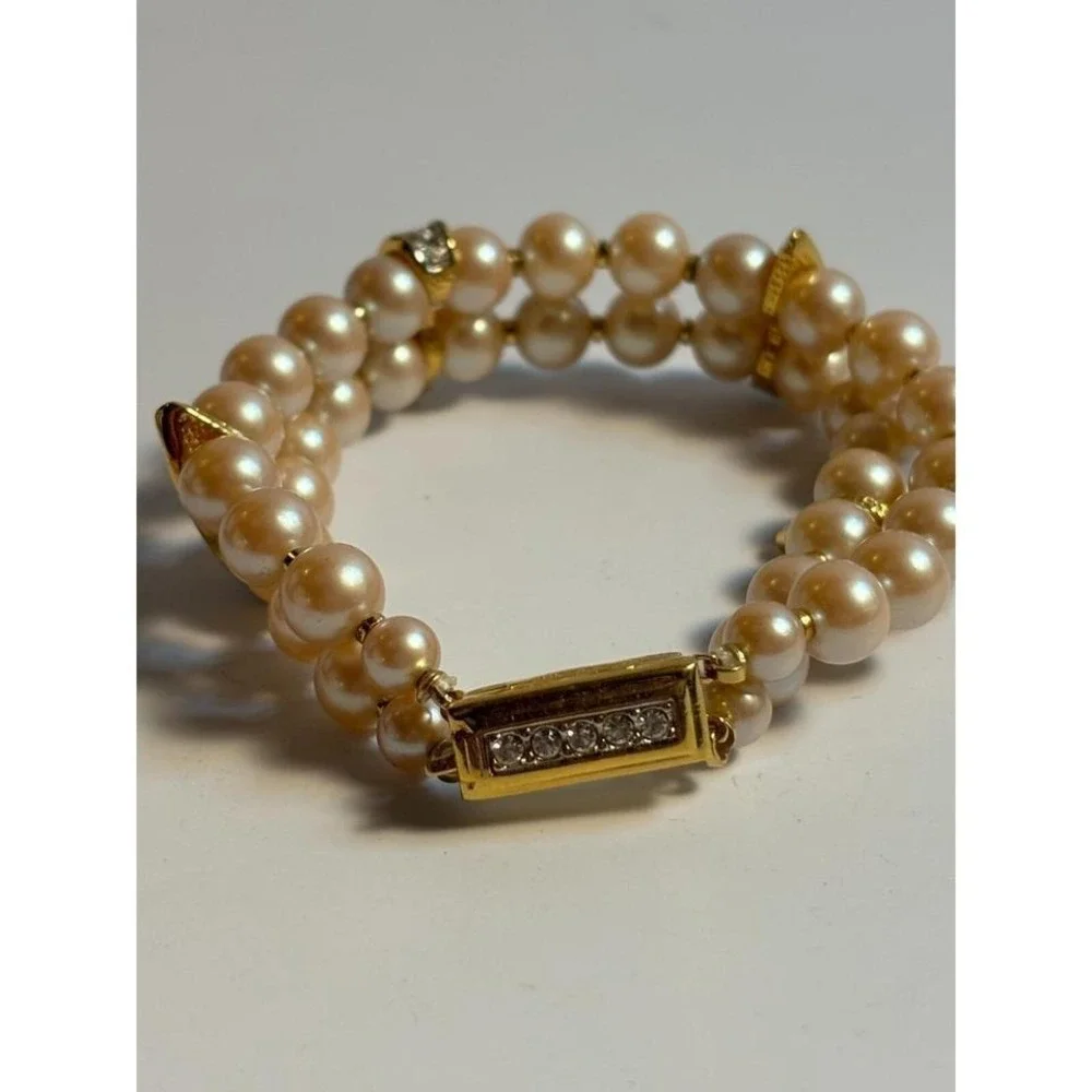 Bracelet Chunky‎ Bold 80s Maximalist Fashion Faux Pearl Gold Tone Rhinestone